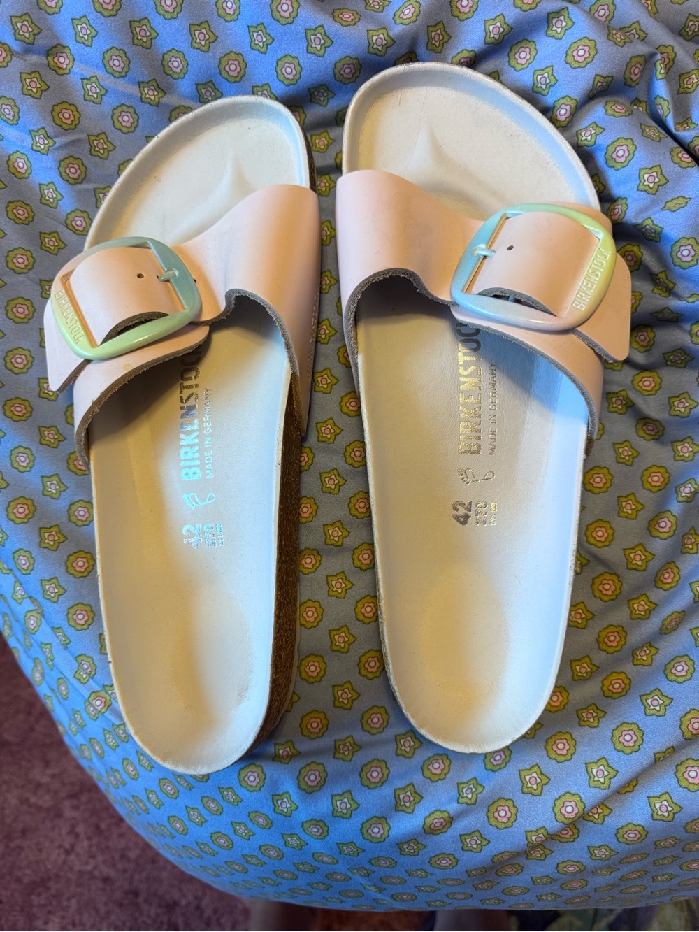 Birkenstock One-strap Slide Sandals in Pale Pink with rainbow Buckles